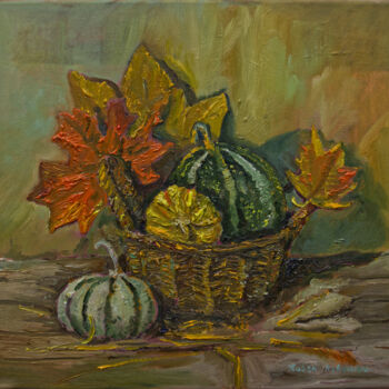 Malerei mit dem Titel "Basket with pumpkins" von Pavel Levites, Original-Kunstwerk, Öl