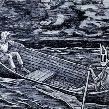 Pintura intitulada "Two people in a boat" por Pavel Mokich, Obras de arte originais, Marcador Montado em Armação em madeira