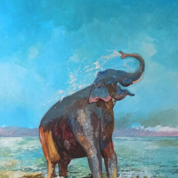 Картина под названием "Слон на пляже" - Павел Никитин, Подлинное произведение искусства, Акрил