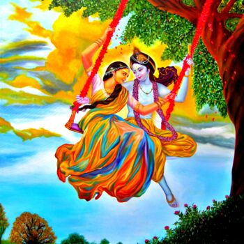 Painting titled "Radha & Krishna" by Pawan Kumar Tank, Original Artwork, Oil