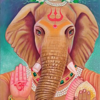 Schilderij getiteld "Ganesha" door Pawan Kumar Tank, Origineel Kunstwerk, Olie