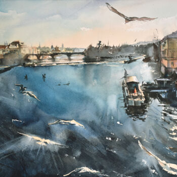 Malarstwo zatytułowany „Gulls Over the Vlta…” autorstwa Pawel Gladkow, Oryginalna praca, Akwarela