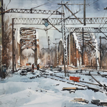 Painting titled "Winter on the Rail…" by Pawel Gladkow, Original Artwork, Watercolor
