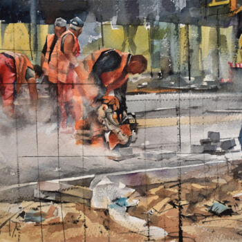 Malarstwo zatytułowany „Robotnicy Na Ulicy” autorstwa Pawel Gladkow, Oryginalna praca, Akwarela