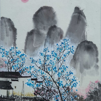Ζωγραφική με τίτλο "Sampan à l'arbre bl…" από Le Men Ji, Αυθεντικά έργα τέχνης, Μελάνι
