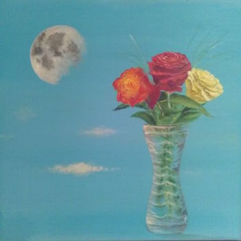 Malarstwo zatytułowany „Moon and roses.jpg” autorstwa Pascal Boulommier, Oryginalna praca, Akryl