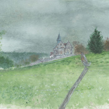 Ζωγραφική με τίτλο "Eglise et verdure à…" από Pascal Boulommier, Αυθεντικά έργα τέχνης, Ακρυλικό