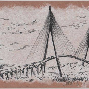 Tekening getiteld "Le Pont de Normandie" door Pascal Boulommier, Origineel Kunstwerk, Inkt