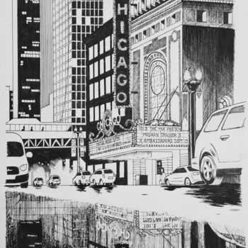 Rysunek zatytułowany „Chicago Theatre” autorstwa Pedro Bazunga, Oryginalna praca, Atrament