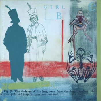 Schilderij getiteld "Educational Film" door Pc Morgan, Origineel Kunstwerk, Inkt Gemonteerd op Frame voor houten brancard