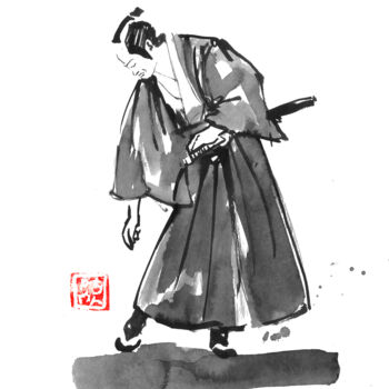 Drawing titled "samurai checking hi…" by Péchane, Original Artwork, Watercolor