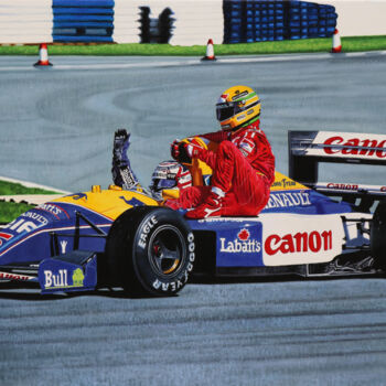 Pittura intitolato "Mansell & Senna at…" da Peda Radovanovic, Opera d'arte originale, Olio