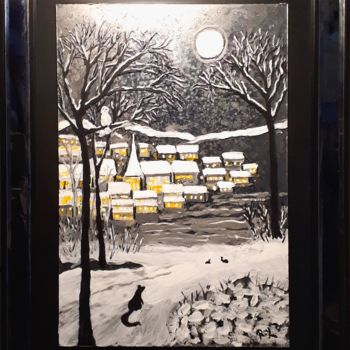 Painting titled "Village sous la nei…" by Pedro Bujeque (Rey), Original Artwork, Acrylic Mounted on Glass