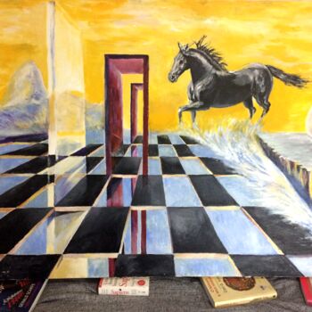 Schilderij getiteld "Magic Black Horse" door Pedro Sá, Origineel Kunstwerk, Acryl