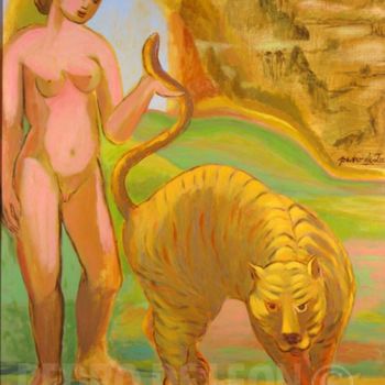 Peinture intitulée "FEMME AU TIGRE" par Pedro De Leon, Œuvre d'art originale
