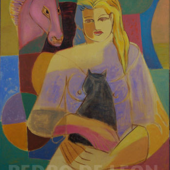 Malerei mit dem Titel "FEMME AU CHAT" von Pedro De Leon, Original-Kunstwerk
