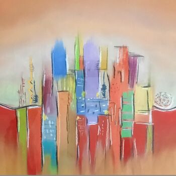 Schilderij getiteld "VILLE COLOREE" door Peggy Drouault, Origineel Kunstwerk, Pastel