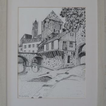 Drawing titled "Moret sur Loing" by Michèle Cerbello (Peintre), Original Artwork, Ballpoint pen Mounted on Cardboard