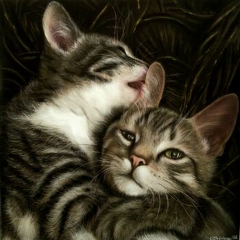 Painting titled "Chats calins" by Cathy Cheneau, Original Artwork, Pastel