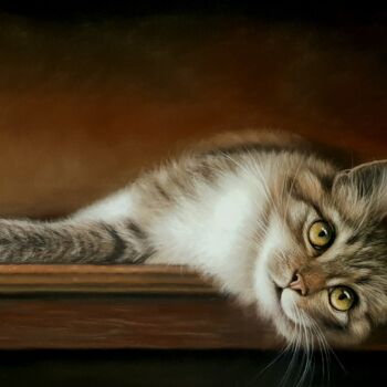 Painting titled "Chat rêveur" by Cathy Cheneau, Original Artwork, Pastel