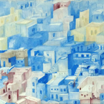 Malerei mit dem Titel "Ville bleue" von Jade, Original-Kunstwerk, Öl