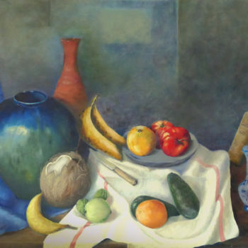 Painting titled "Le vase bleu" by Jade, Original Artwork, Oil