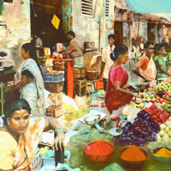 Peinture intitulée "Marché indien" par Jade, Œuvre d'art originale, Huile