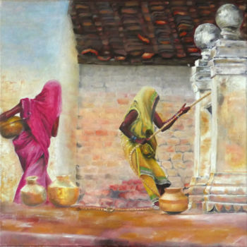 Painting titled "Femmes aux puits" by Jade, Original Artwork, Oil