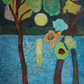 Painting titled "Pleine lune sur le…" by Peinture Ojochal, Original Artwork, Pigments Mounted on Wood Panel