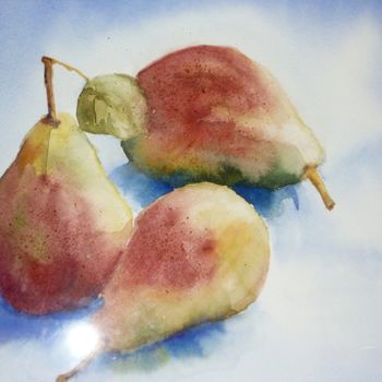 Painting titled "3 Poires de Daniell…" by Galerie Peinture  Arts De Lyon, Original Artwork, Watercolor Mounted on Glass