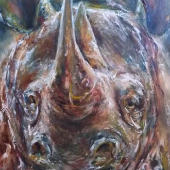 Painting titled "Rhinocéros de Esteb…" by Galerie Peinture  Arts De Lyon, Original Artwork, Oil Mounted on Wood Panel