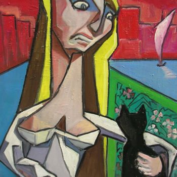 Malerei mit dem Titel "femme-blonde-et-cha…" von Maxemile, Original-Kunstwerk, Öl