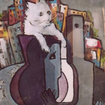 Schilderij getiteld "chat-decouvrant-not…" door Maxemile, Origineel Kunstwerk, Olie