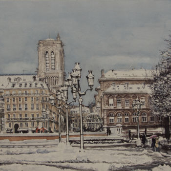 Pintura intitulada "Paris, Hotel de Vil…" por Luca Pellizzari, Obras de arte originais, Aquarela