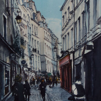 Painting titled "Rue des Rosiers" by Luca Pellizzari, Original Artwork, Watercolor