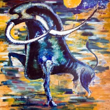Pintura titulada "Toro azul bajo la l…" por A Pemán, Obra de arte original, Acrílico