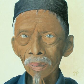 Painting titled "Vieux du Myanmar" by Pen, Original Artwork, Oil Mounted on Wood Stretcher frame