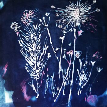 제목이 "Fleurs de bonheur"인 섬유 예술 Penny G Peckmann로, 원작, 자수 나무 들것 프레임에 장착됨
