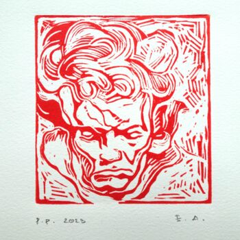 Estampas & grabados titulada "Beethoven,  d'après…" por Pierre Pentchev, Obra de arte original, Linograbados