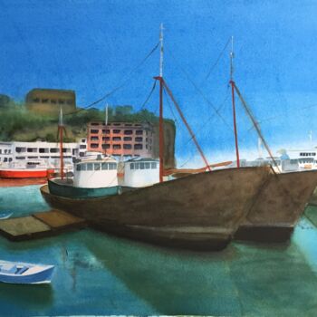 Painting titled "Fishing port" by Pepe Villan, Original Artwork, Watercolor