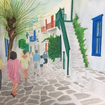 Pittura intitolato "Street of Mykonos" da Pepe Villan, Opera d'arte originale, Acquarello