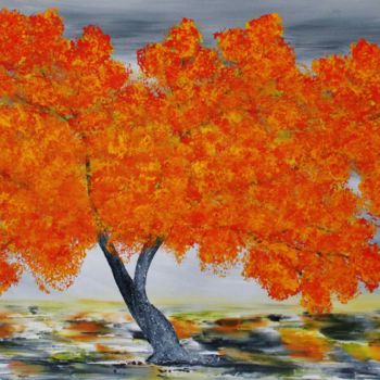 Pintura intitulada "Orange yellow tree." por Artstage, Obras de arte originais, Acrílico