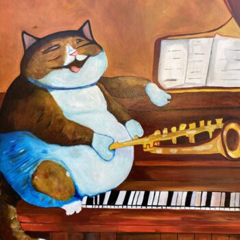 Painting titled "Cat on Piano" by Perfectstrokes, Original Artwork, Oil