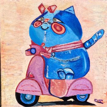 Painting titled "Cat on Vespa" by Perfectstrokes, Original Artwork, Oil