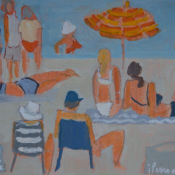 Painting titled "Scène de plage" by Isabelle Perronneau (IPerronneau), Original Artwork, Gouache