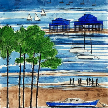 Painting titled "arcachon" by Françoise Persillon, Original Artwork, Ink Mounted on Cardboard