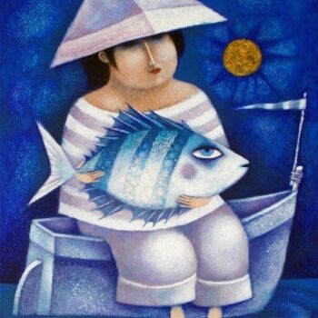 Pintura intitulada "PESCADOR + LA LUNA…" por Pescador, Obras de arte originais