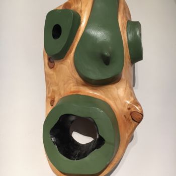 Sculpture titled "Green Shout Mask" by Peter Lattey, Original Artwork, Wood