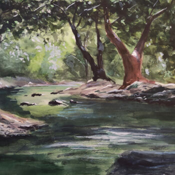 Painting titled "Forest stream" by Peter Bespalenok, Original Artwork, Watercolor
