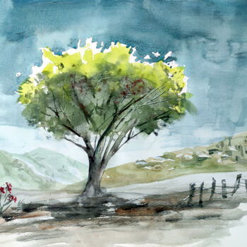 Schilderij getiteld "Lonely tree" door Peter Bespalenok, Origineel Kunstwerk, Aquarel